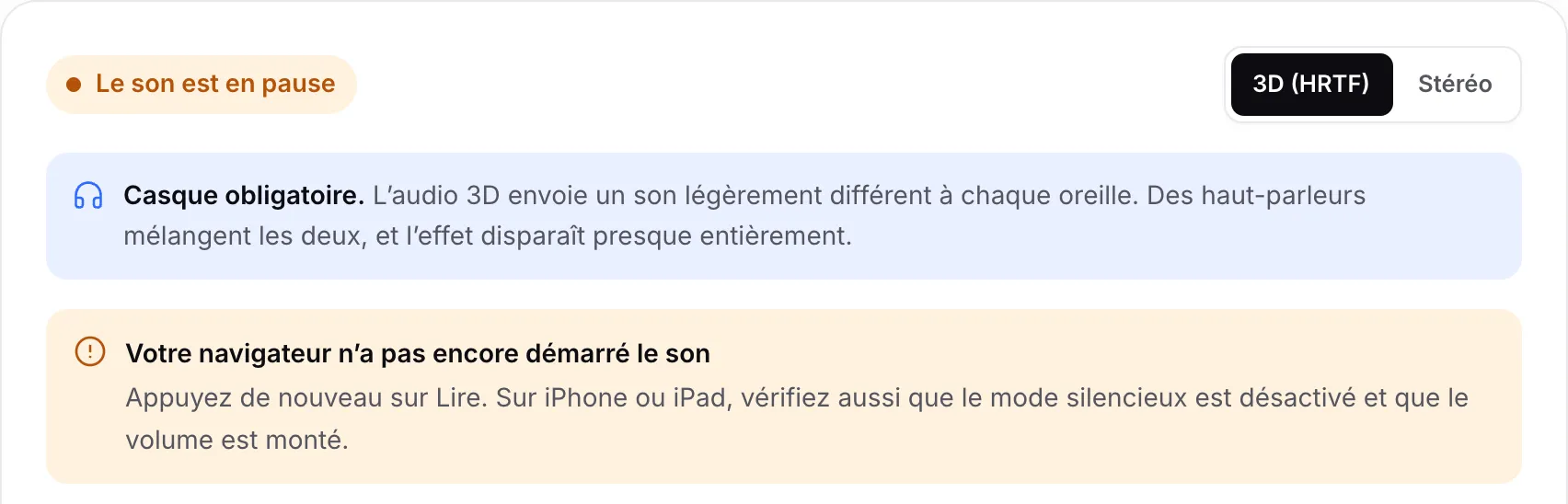 Le test audio 3D affichant l’état orange « Le son est en pause » et l’avis « Votre navigateur n’a pas encore démarré le son »