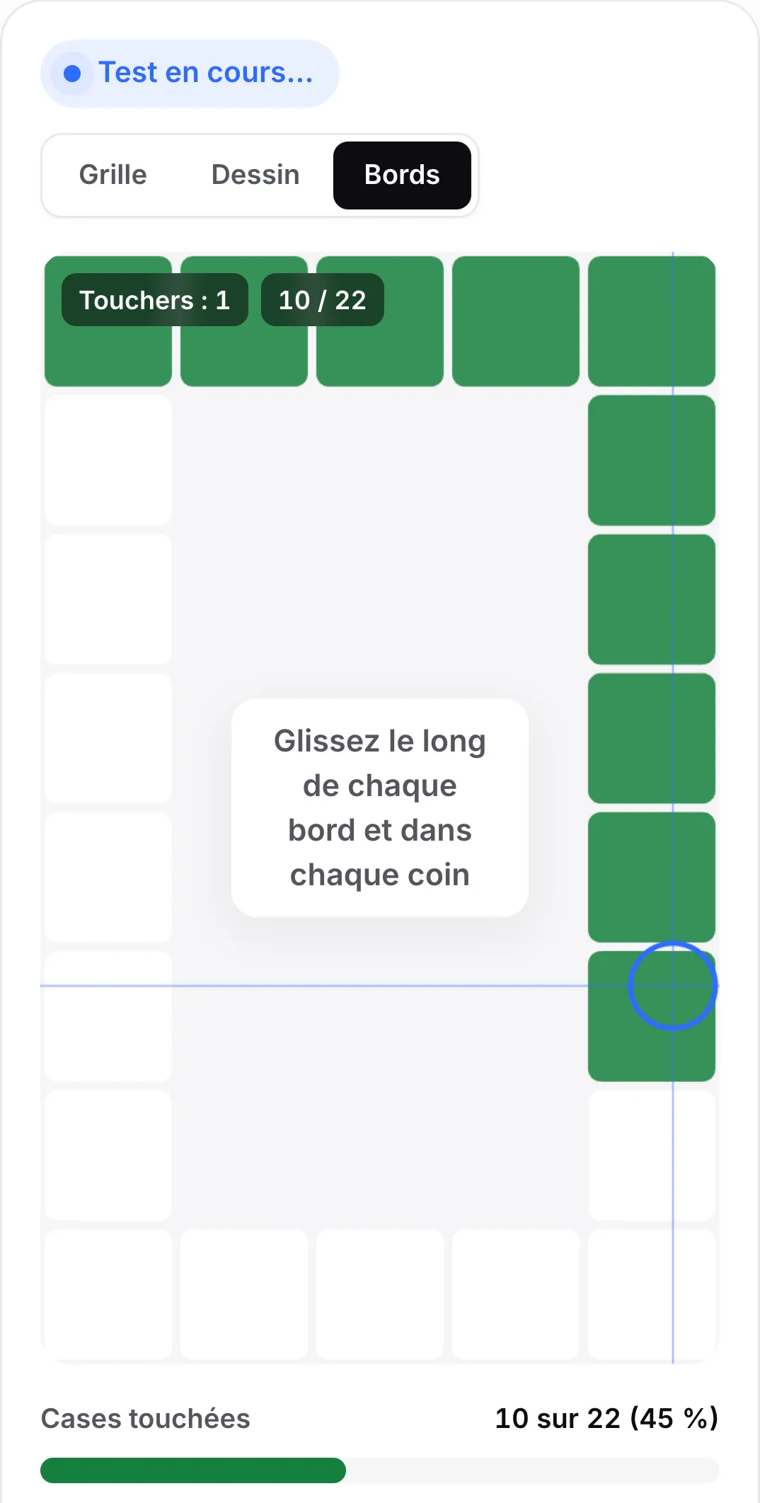 Le mode Bords : un cadre de cases autour de la bordure avec la ligne du haut et le côté droit en vert, et l’indication « Glissez le long de chaque bord et dans chaque coin »