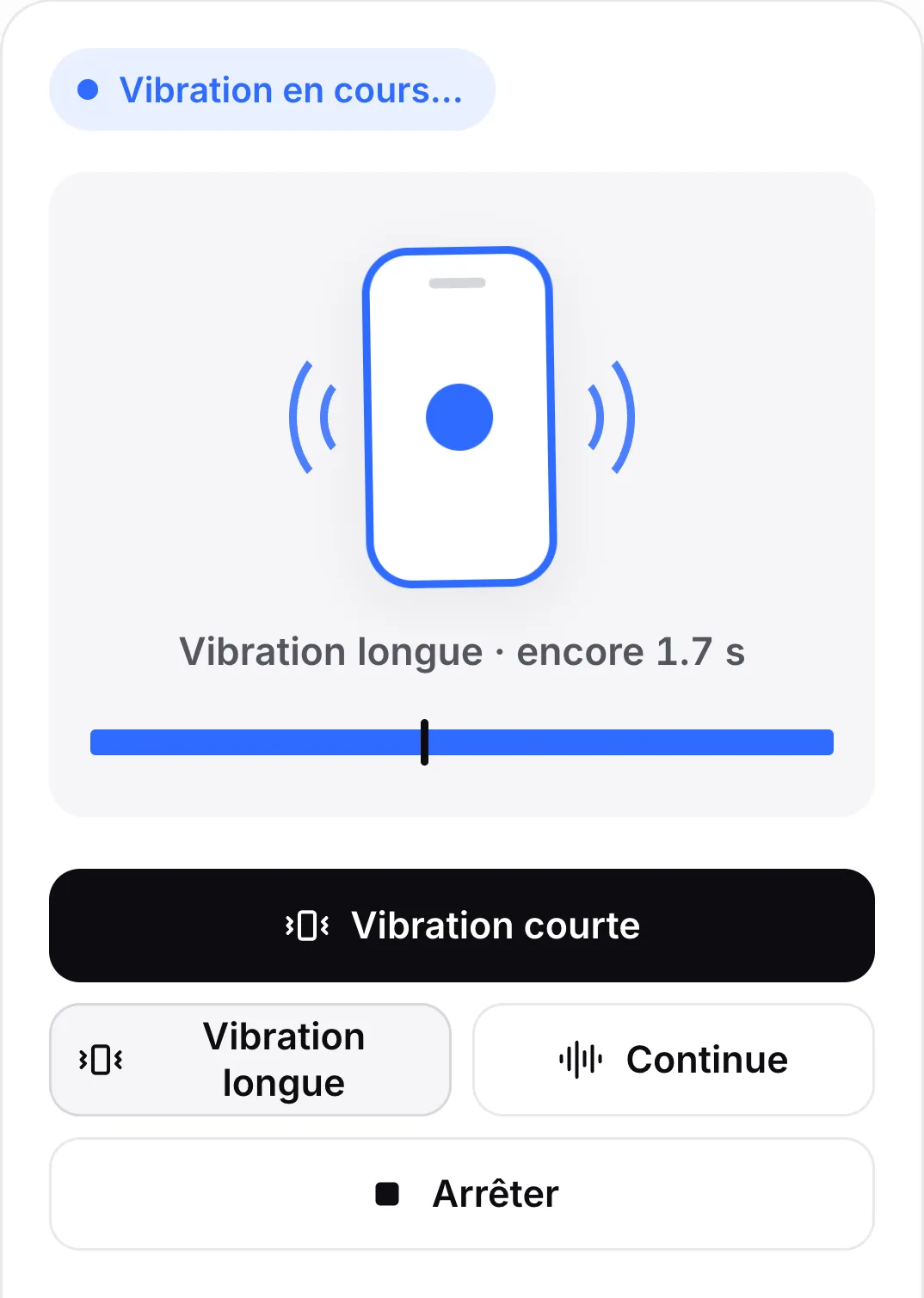 Une vibration longue de trois secondes en cours : l’état « Vibration en cours… », l’icône du téléphone qui tremble, « Vibration longue · encore 1,6 s » et la barre de progression avec sa tête de lecture