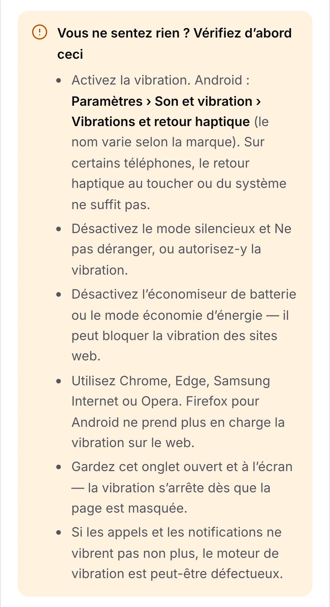 La liste de contrôle « Vous ne sentez rien ? Vérifiez d’abord ceci » avec six conseils, le premier étant d’activer la vibration dans les paramètres Android