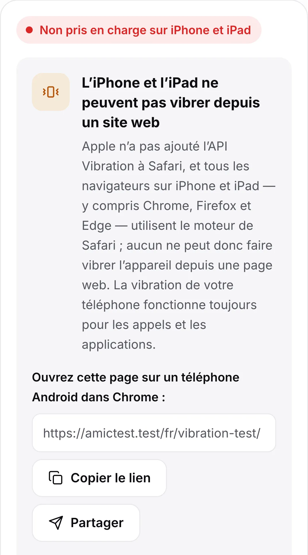 Le test de vibration sur un iPhone : l’état rouge « Non pris en charge sur iPhone et iPad », une explication et un lien pour ouvrir la page sur un téléphone Android