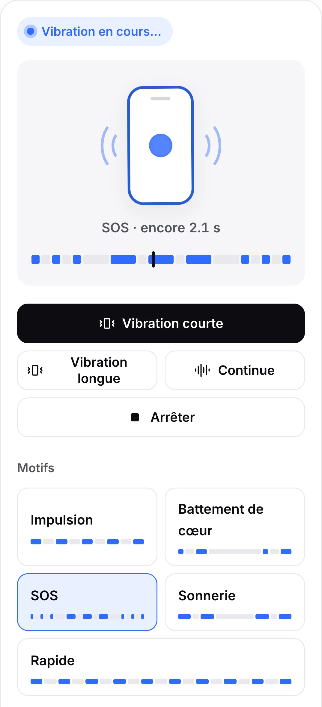Le motif SOS en cours : son bouton est mis en évidence et la chronologie au-dessus des boutons montre des vibrations courtes et longues avec la tête de lecture dans une vibration longue