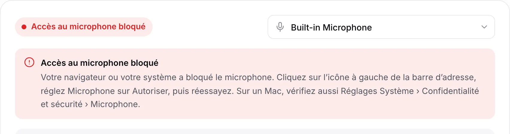 L’accordeur affichant le message rouge « Accès au microphone bloqué » avec des instructions
