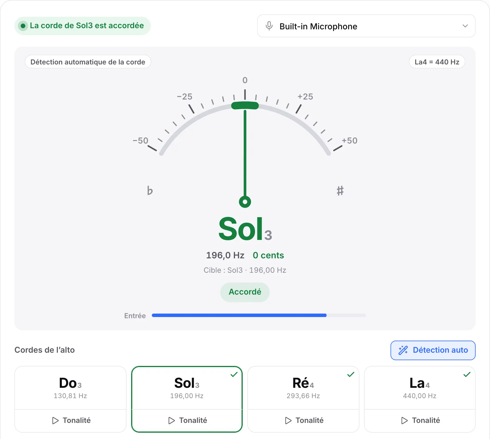 La corde de Sol accordée : une aiguille verte à 0 cent, l’état « La corde de Sol3 est accordée » et des coches sur les cordes de Sol, Ré et La