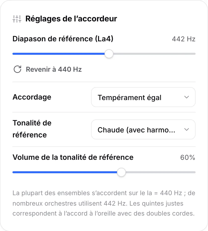 Les réglages de l’accordeur avec le curseur de diapason de référence (La4) sur 442 Hz, le menu d’accordage et les options de tonalité de référence