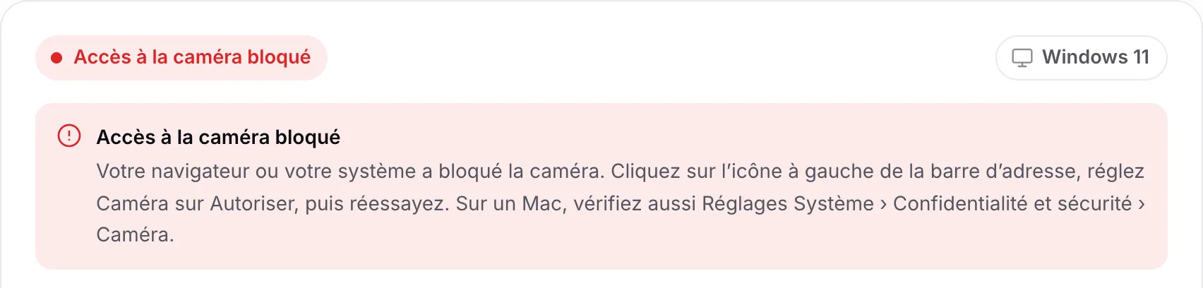 Le détecteur de pilote de webcam affichant le message rouge « Accès à la caméra bloqué » avec des instructions