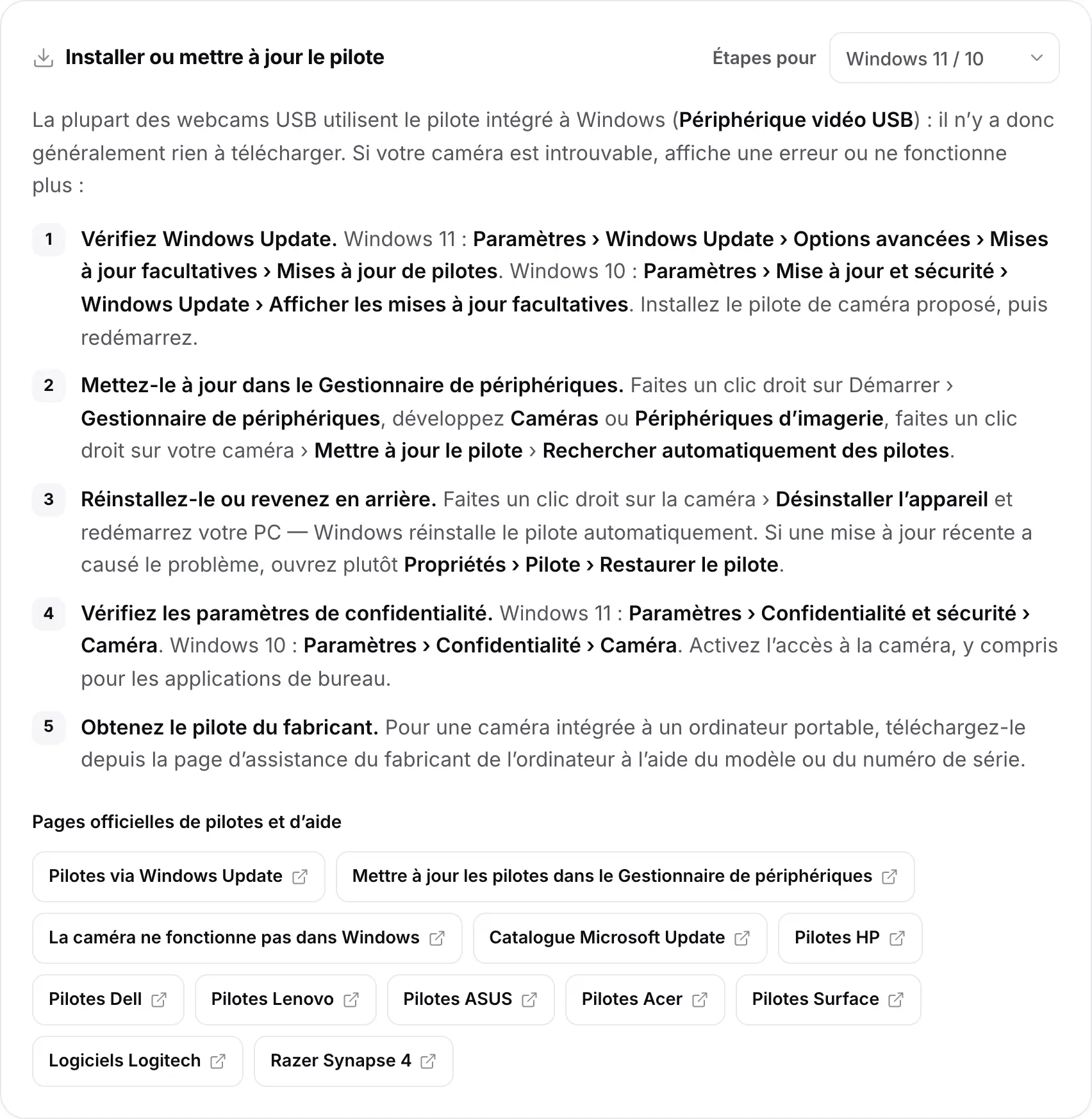 La carte Installer ou mettre à jour le pilote avec les étapes Windows 11 / 10 et des liens vers les pages officielles de pilotes et d’aide