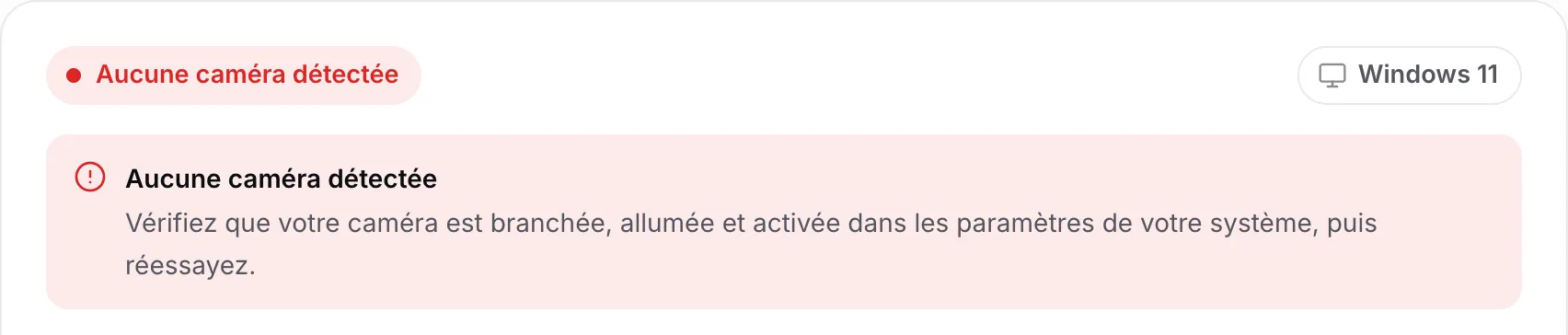 Le détecteur de pilote de webcam affichant « Aucune caméra détectée » avec le conseil de vérifier que la caméra est branchée, allumée et activée