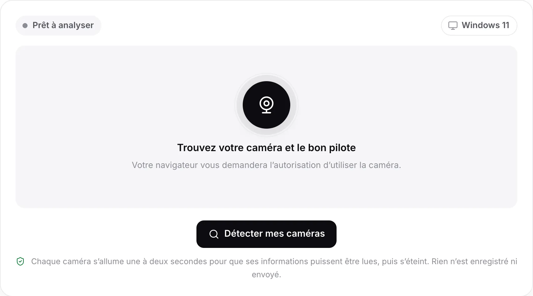 Le détecteur de pilote de webcam avant l’analyse, avec le bouton Détecter mes caméras et le système détecté, Windows 11