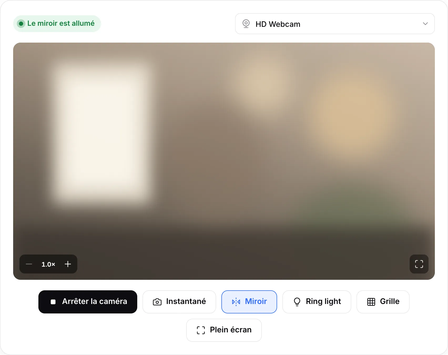 Le miroir webcam en marche, avec l’état « Le miroir est allumé », les boutons de zoom sur l’image et le bouton Ring light