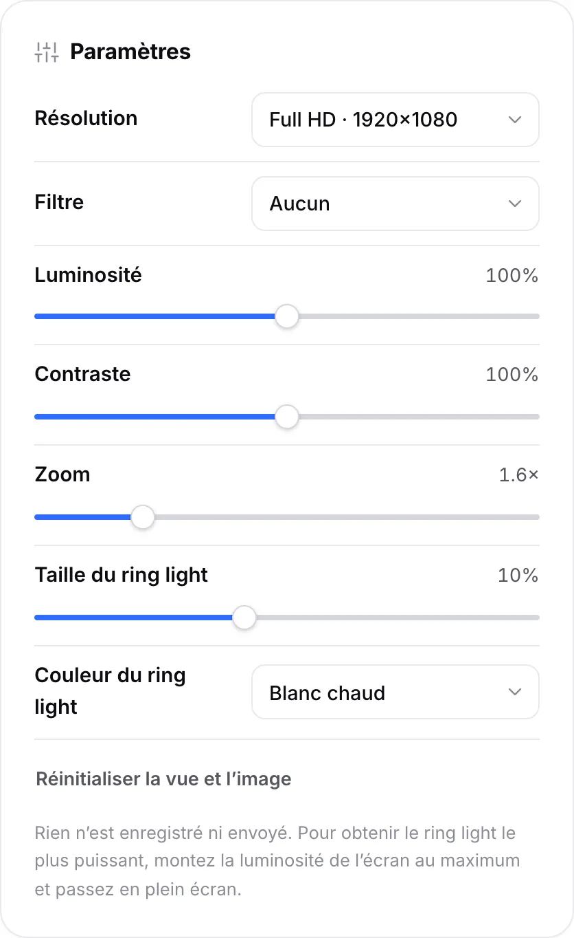 Les paramètres du miroir avec luminosité, contraste, zoom à 1,6×, taille du ring light à 10 % et couleur du ring light Blanc chaud