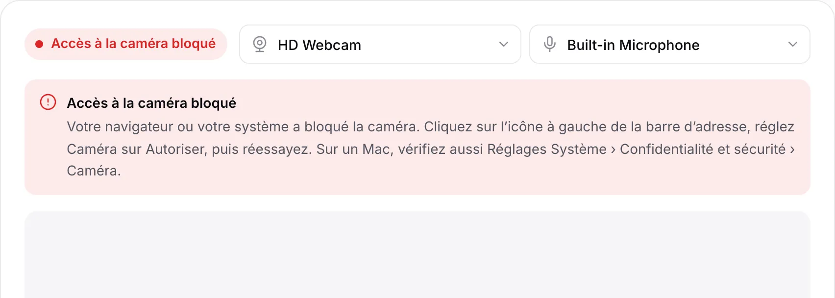 L’enregistreur webcam affichant le message rouge « Accès à la caméra bloqué » avec des instructions