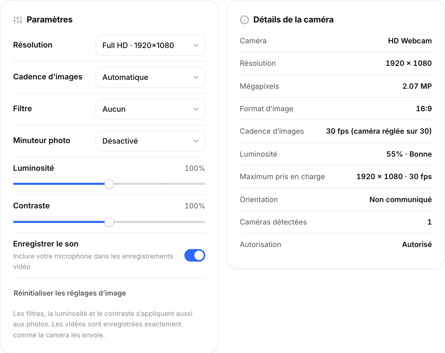 Les Paramètres avec la résolution réglée sur Full HD, à côté des détails de la caméra indiquant 1920 × 1080, 30 fps et une luminosité de 55 % · Bonne