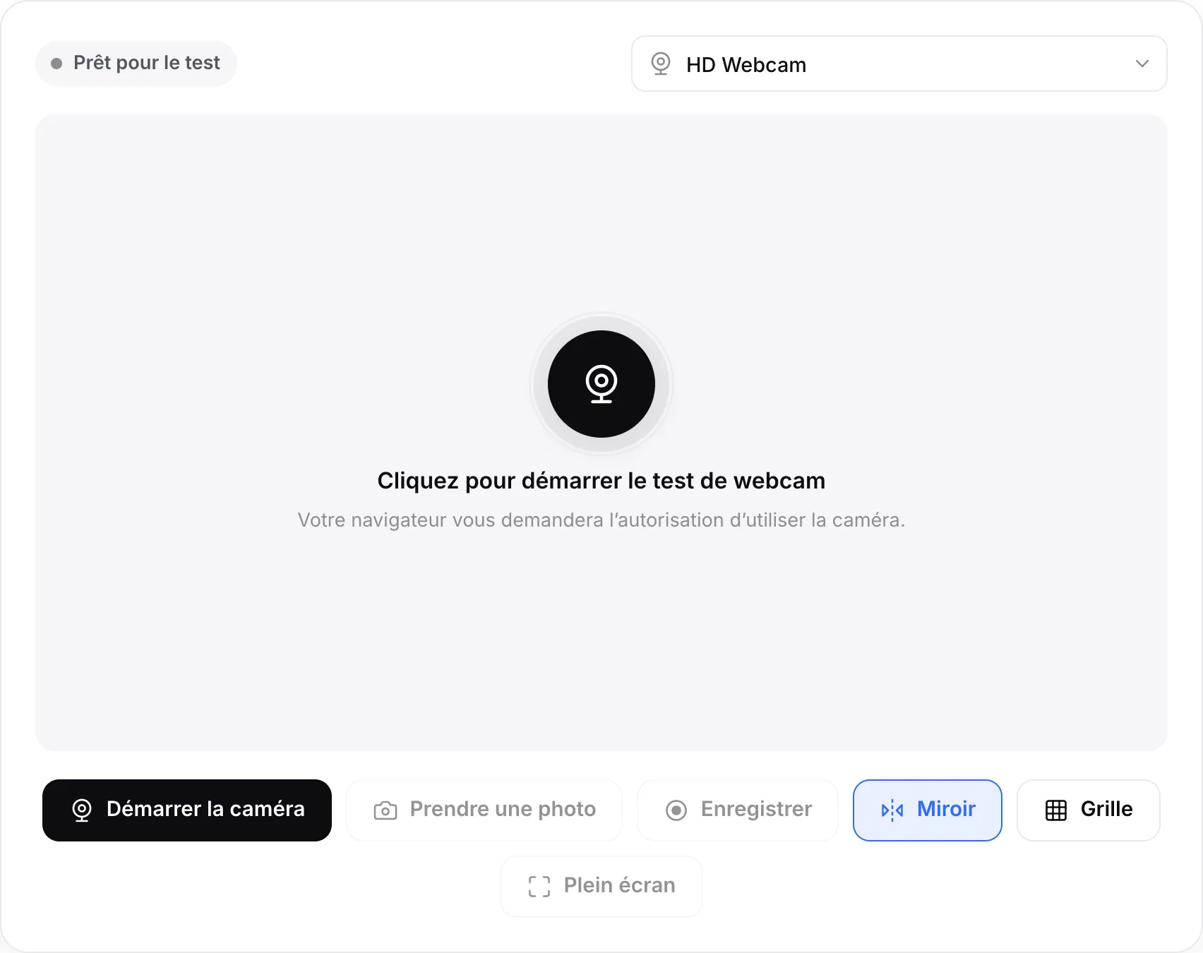 Le test de webcam avant son démarrage, avec le bouton Démarrer la caméra et le menu des caméras