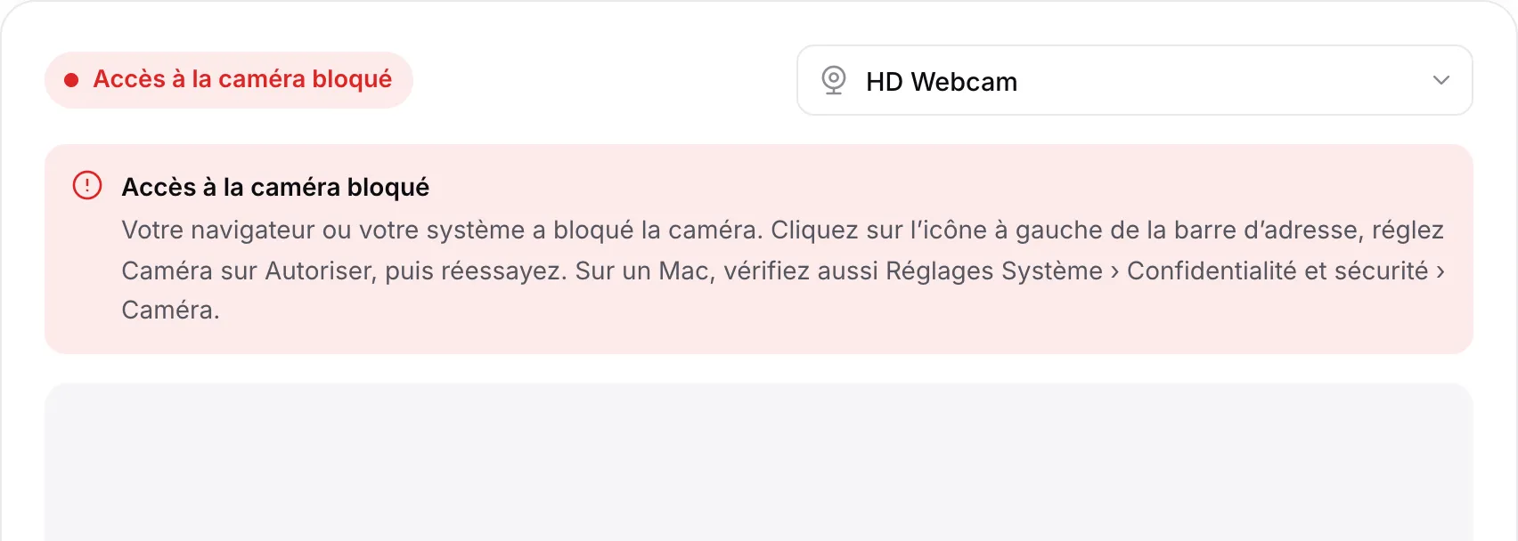La visionneuse webcam affichant le message rouge « Accès à la caméra bloqué » avec des instructions