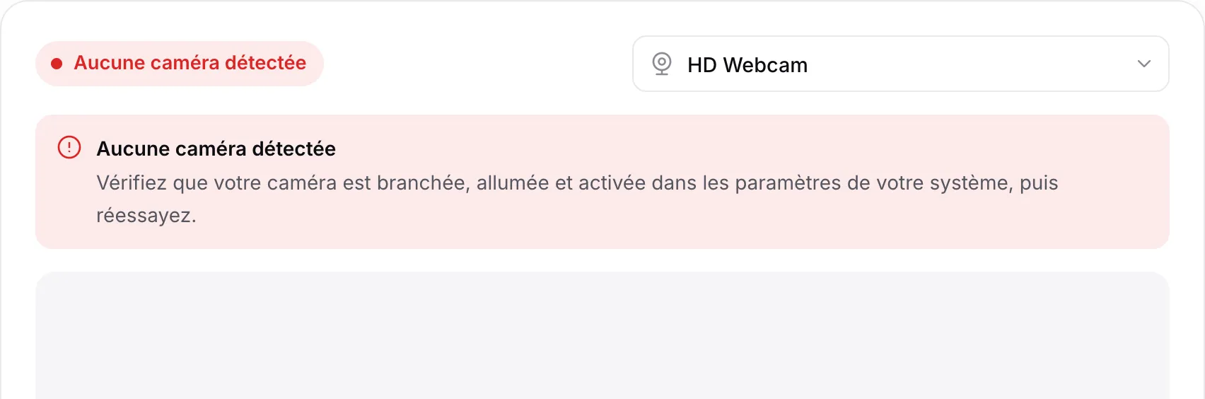 La visionneuse webcam affichant le message rouge « Aucune caméra détectée »