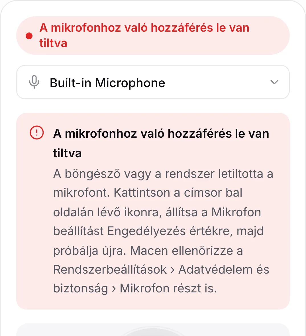 A mikrofon teszt telefonon a piros „A mikrofonhoz való hozzáférés le van tiltva” üzenettel