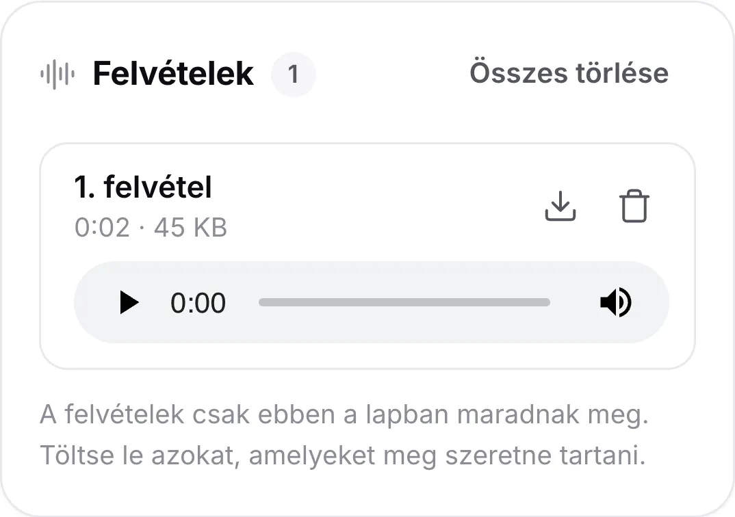Egy felvétel telefonon a hosszával, egy lejátszóval, valamint letöltés és törlés gombokkal