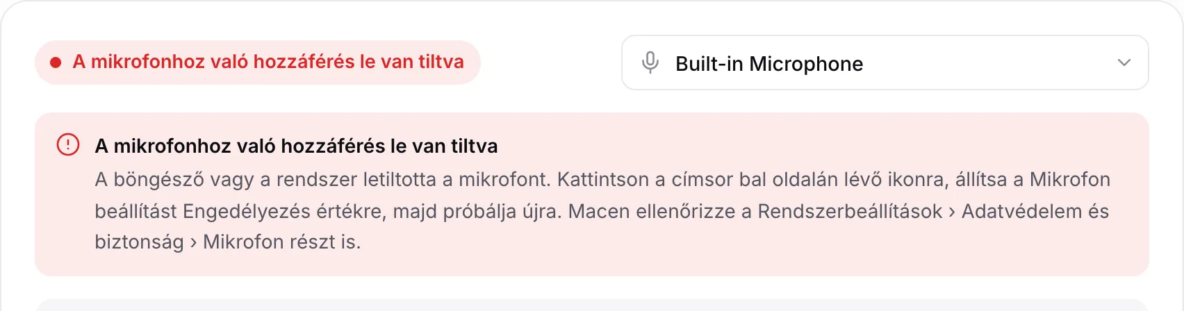 A hangoló a piros „A mikrofonhoz való hozzáférés le van tiltva” üzenettel és útmutatással
