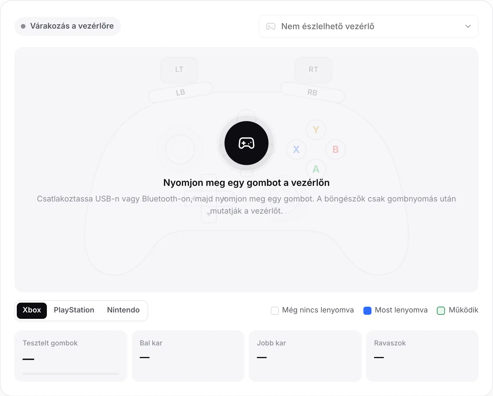 A gamepad teszt a vezérlőre várakozik, a „Nyomjon meg egy gombot a vezérlőn” üzenettel