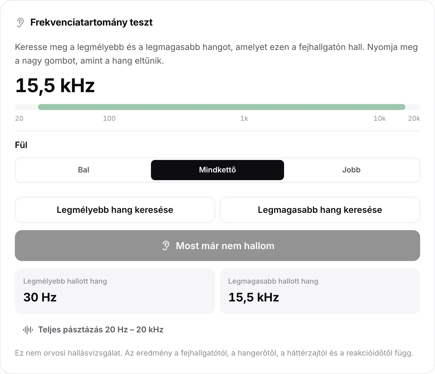 A frekvenciatartomány teszt eredményekkel: legmélyebb hallott hang 30 Hz, legmagasabb 15,6 kHz, zöld sávként a skálán