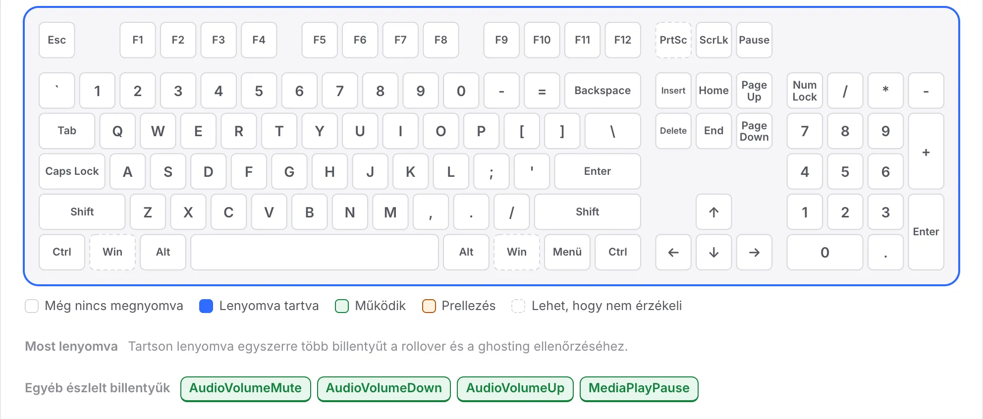 Az F-sor még fehér, miközben az AudioVolumeMute, AudioVolumeDown, AudioVolumeUp és MediaPlayPause az Egyéb észlelt billentyűk alatt szerepel