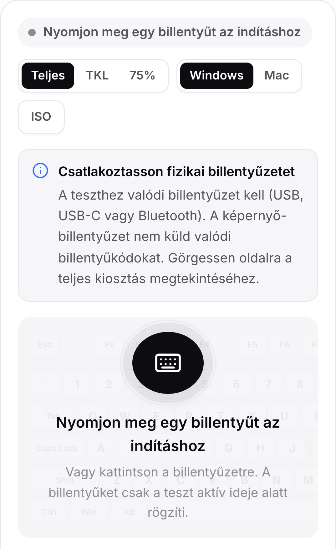 A billentyűzet teszt telefonon a „Csatlakoztasson fizikai billentyűzetet” megjegyzéssel
