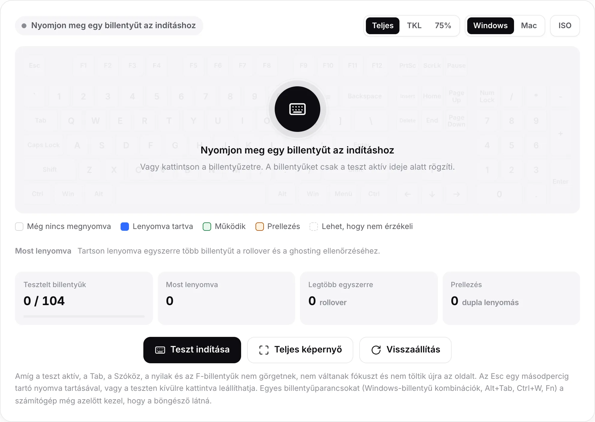 A billentyűzet teszt indítás előtt, a „Nyomjon meg egy billentyűt az indításhoz” üzenettel egy halvány billentyűzet fölött