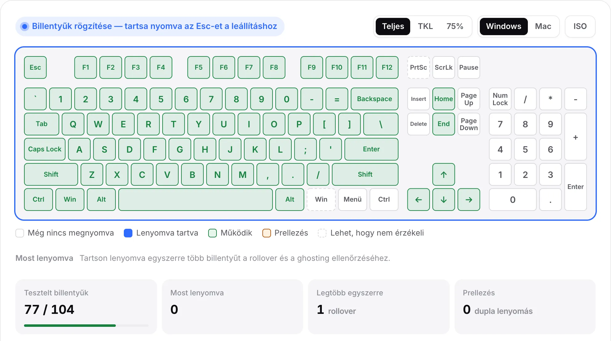 A virtuális billentyűzet a legtöbb billentyűvel zölden, a numerikus rész még fehér, a Tesztelt billentyűk 104-ből 77