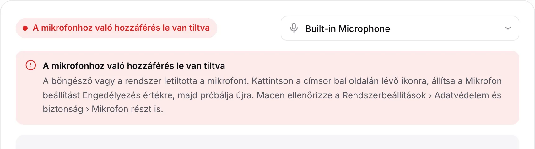 A mikrofon teszt a piros „A mikrofonhoz való hozzáférés le van tiltva” üzenettel és útmutatással