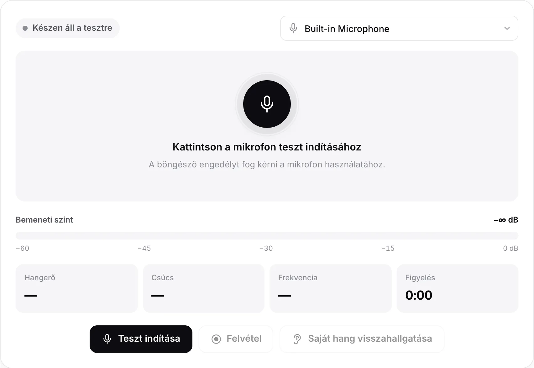 A mikrofon teszt indítás előtt, a Teszt indítása gombbal és a mikrofonmenüvel