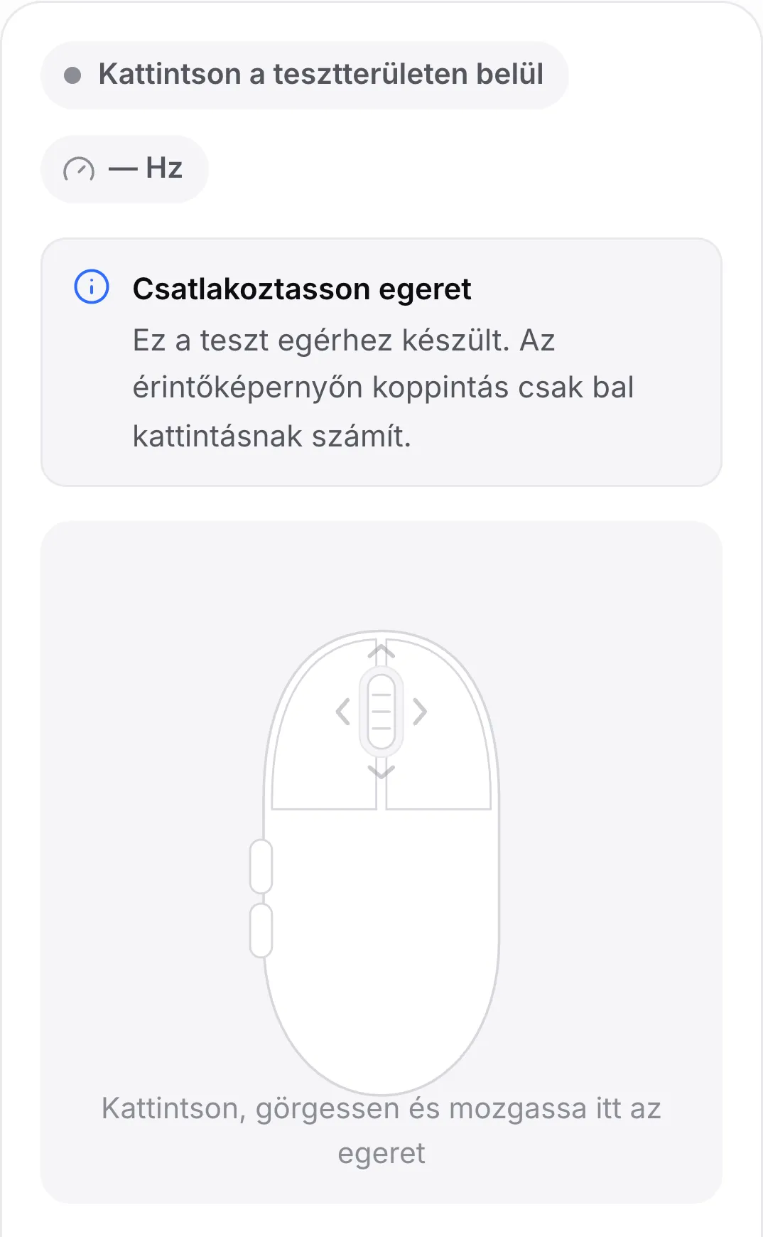 Az egér teszt telefonon a „Csatlakoztasson egeret” megjegyzéssel