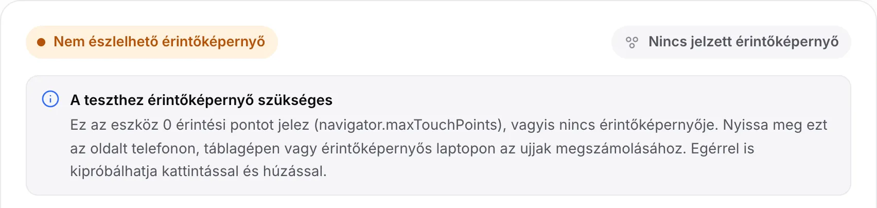 A multi-touch teszt számítógépen: a narancssárga „Nem észlelhető érintőképernyő” állapot és a „A teszthez érintőképernyő szükséges” megjegyzés