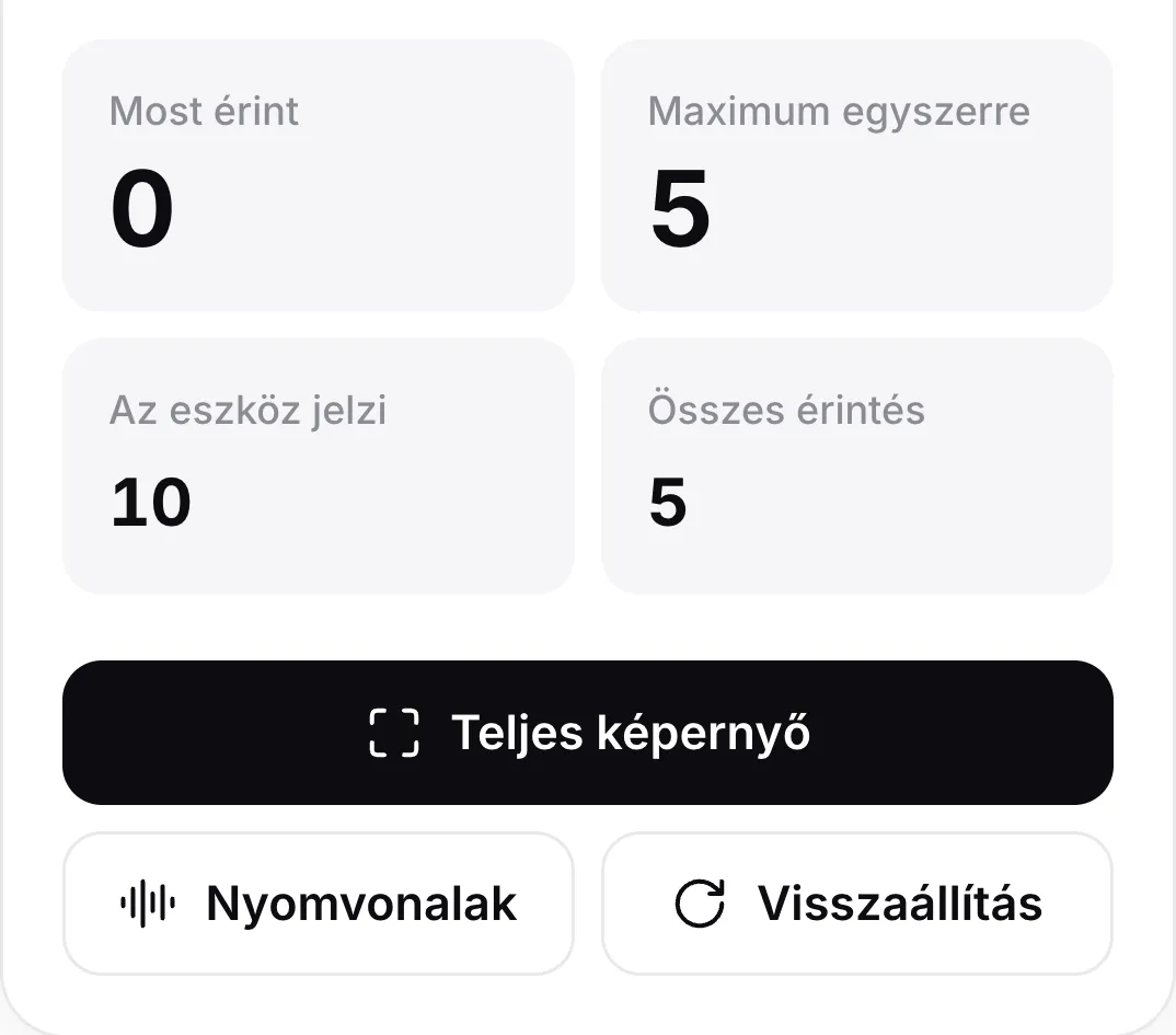 A számlálók az összes ujj felemelése után: Most érint 0, Maximum egyszerre 5, Az eszköz jelzi 10 és Összes érintés 5, a Teljes képernyő, Nyomvonalak és Visszaállítás gombok fölött