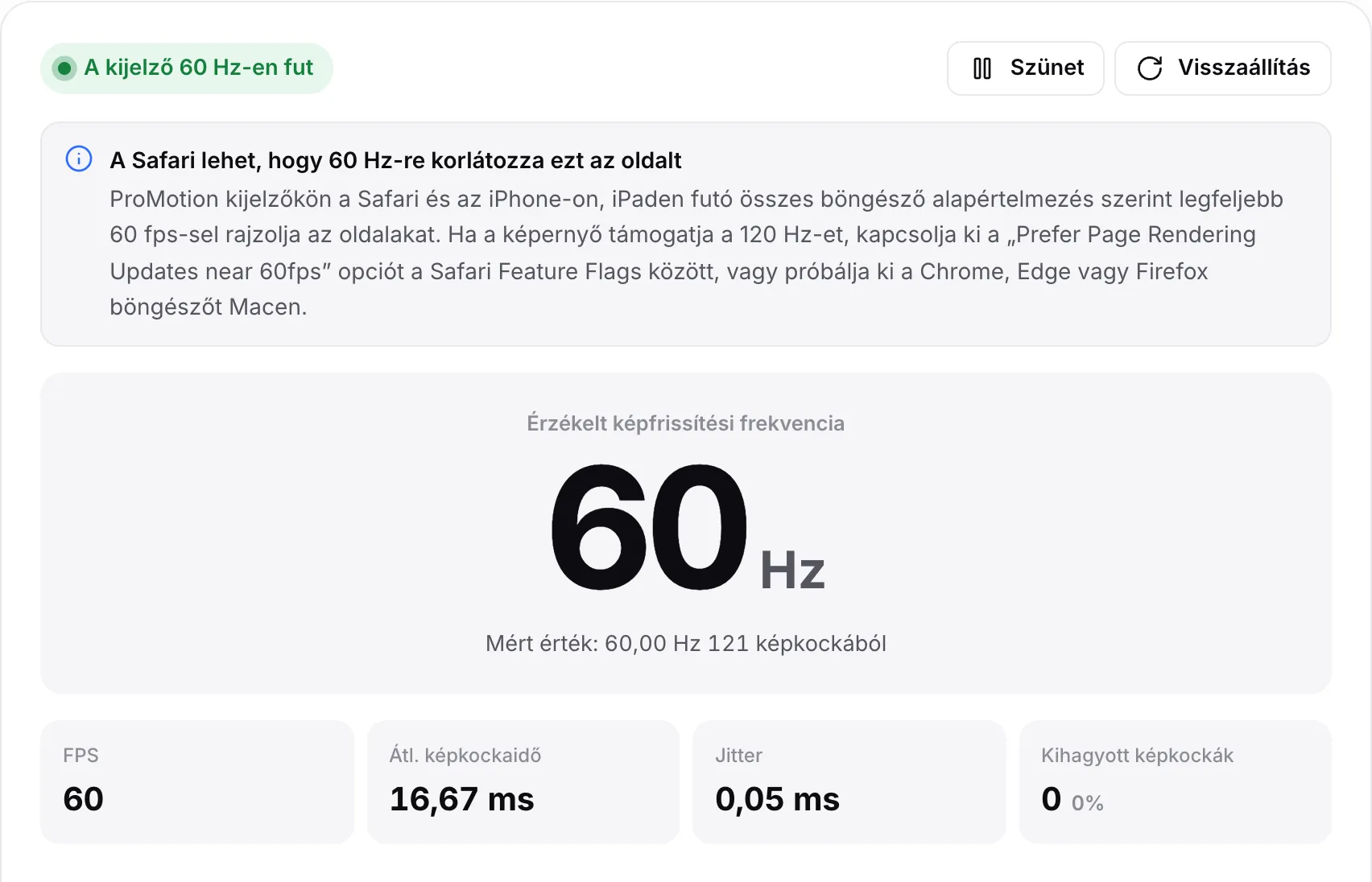 A „A Safari lehet, hogy 60 Hz-re korlátozza ezt az oldalt” megjegyzés egy 60 Hz-es eredmény fölött