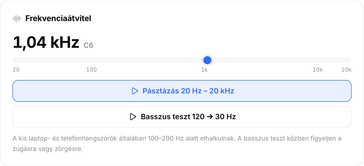 A frekvenciapásztázás 1,06 kHz-en (C6 hang), a jelölő épp az 1k jelzés után a skálán
