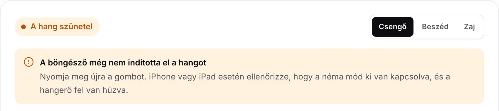 A hangteszt a narancssárga „A hang szünetel” állapotot és a „A böngésző még nem indította el a hangot” megjegyzést mutatja