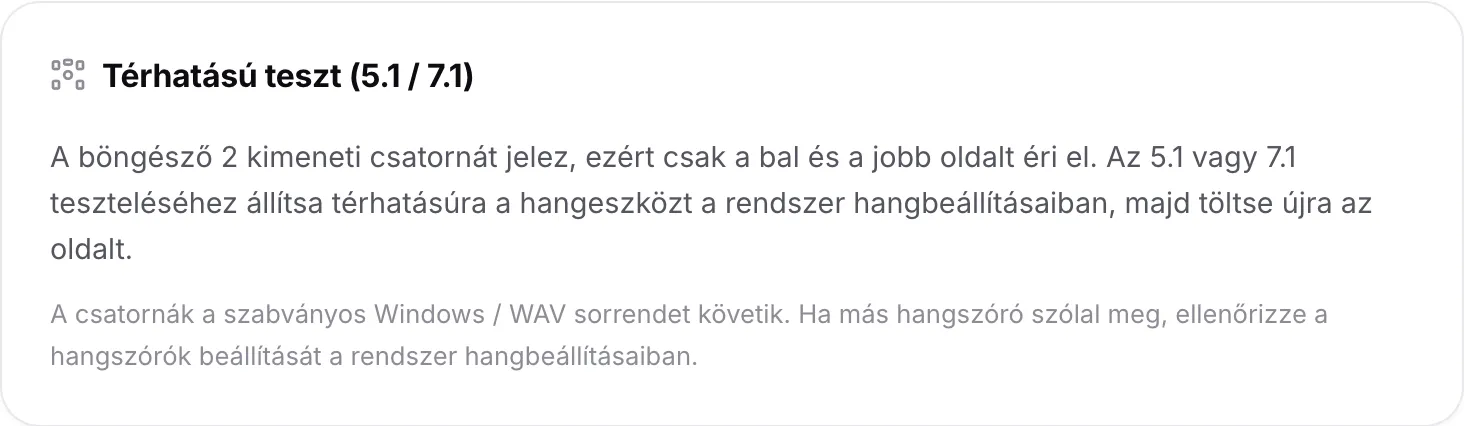 A térhatású teszt, amely elmagyarázza, hogy a böngésző 2 kimeneti csatornát jelez, ezért csak a bal és a jobb oldalt éri el