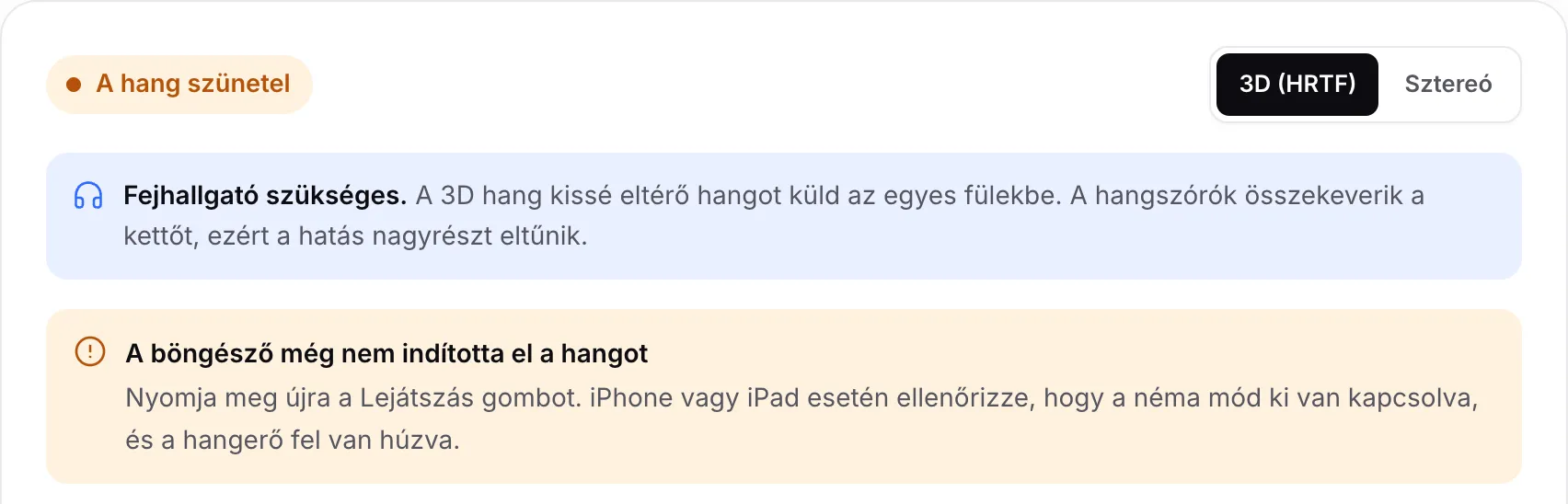 A 3D hangteszt a narancssárga „A hang szünetel” állapotot és a „A böngésző még nem indította el a hangot” megjegyzést mutatja