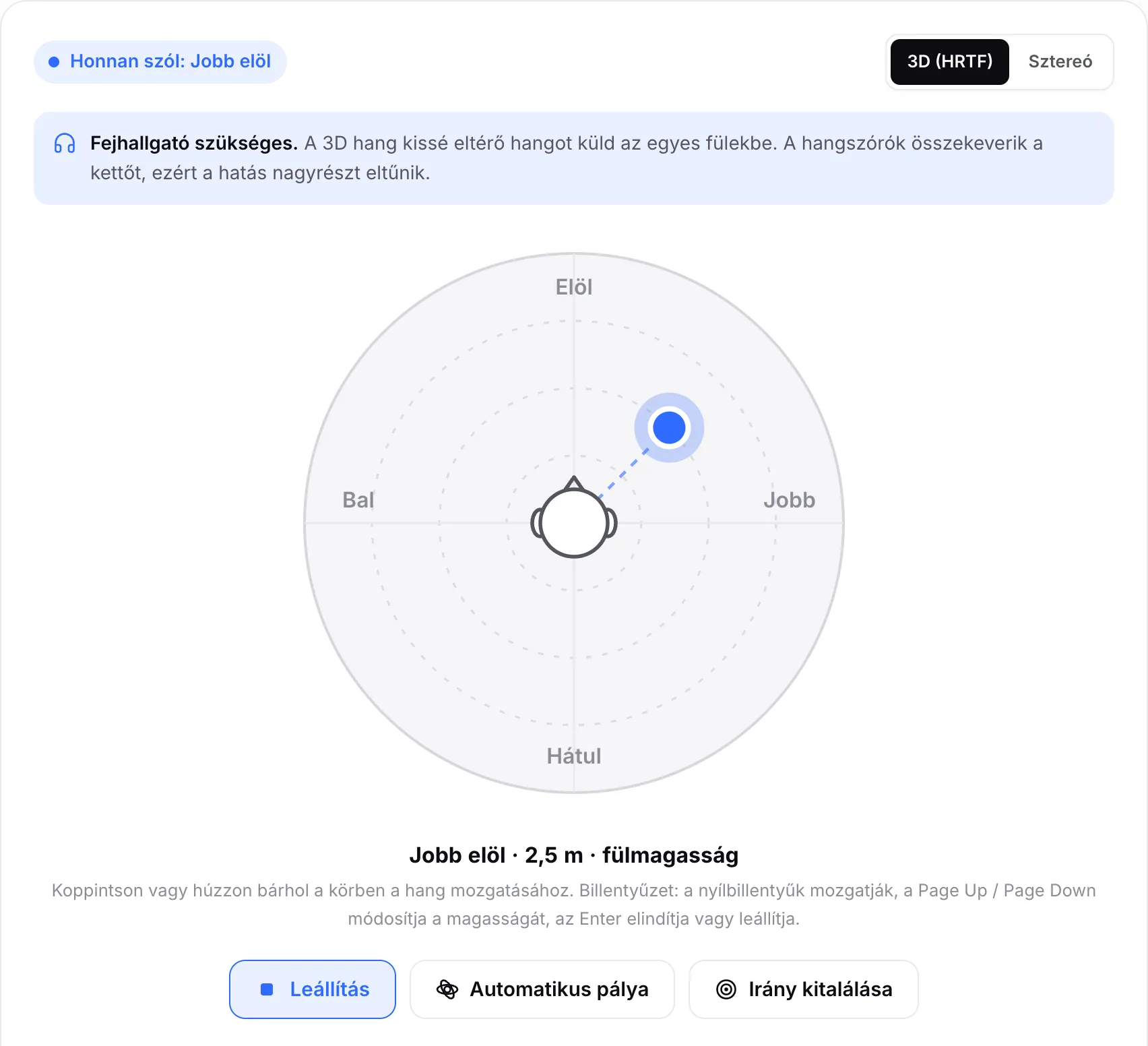 A 3D szoba, amely jobb elölről játszik hangot, 2,5 m-re, fülmagasságban, a pont a fejtől felfelé és jobbra