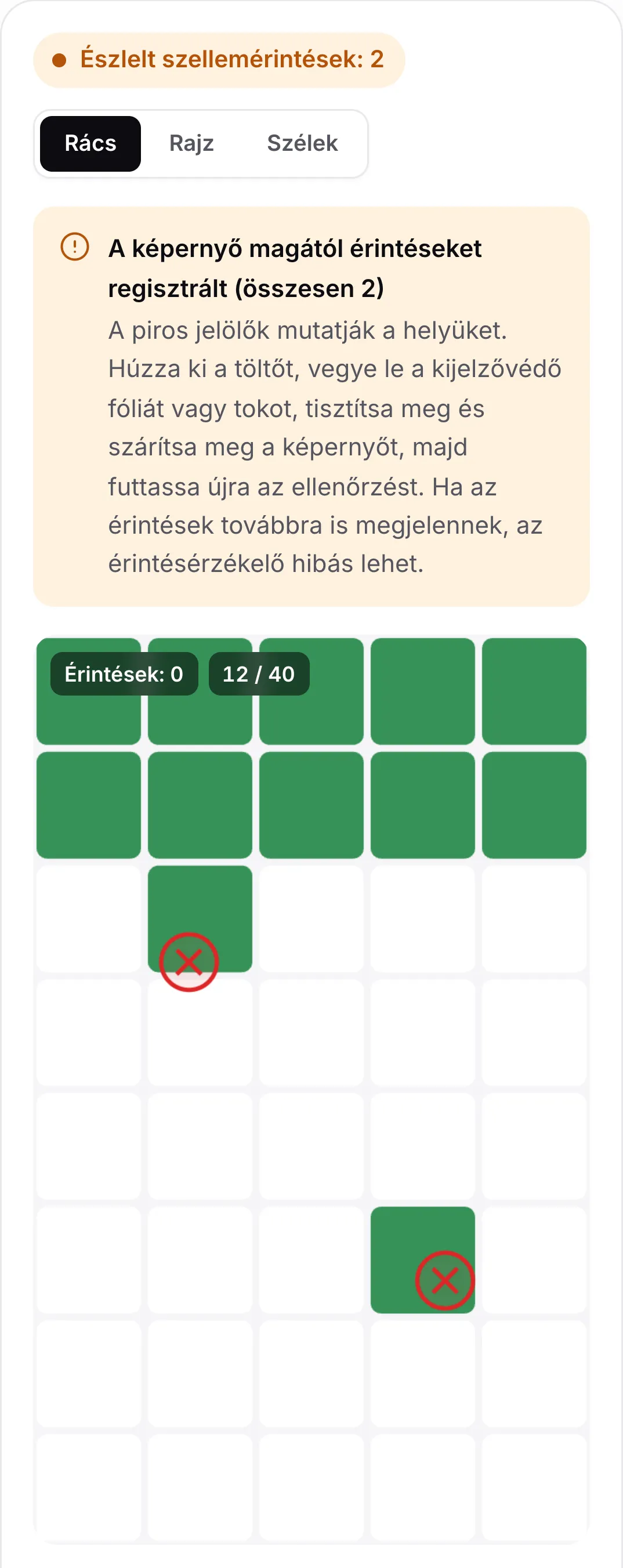 A szellemérintés-ellenőrzés eredménye: a narancssárga „Észlelt szellemérintések: 2” állapot, a töltő kihúzására és a képernyő tisztítására vonatkozó tanács, valamint két piros jelölő a rácson