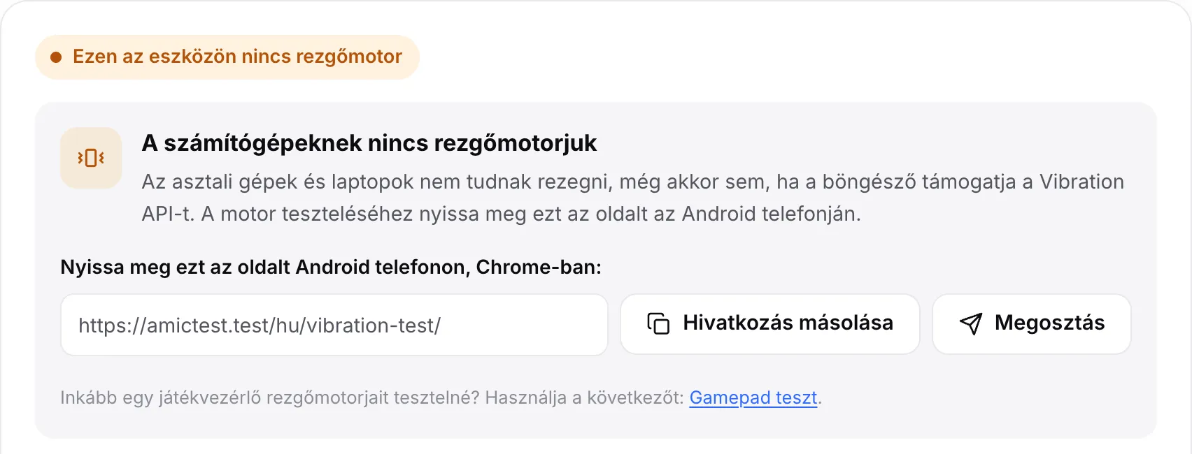 A rezgés teszt számítógépen: a narancssárga „Ezen az eszközön nincs rezgőmotor” állapot az oldal hivatkozásával, valamint a Hivatkozás másolása és Megosztás gombokkal