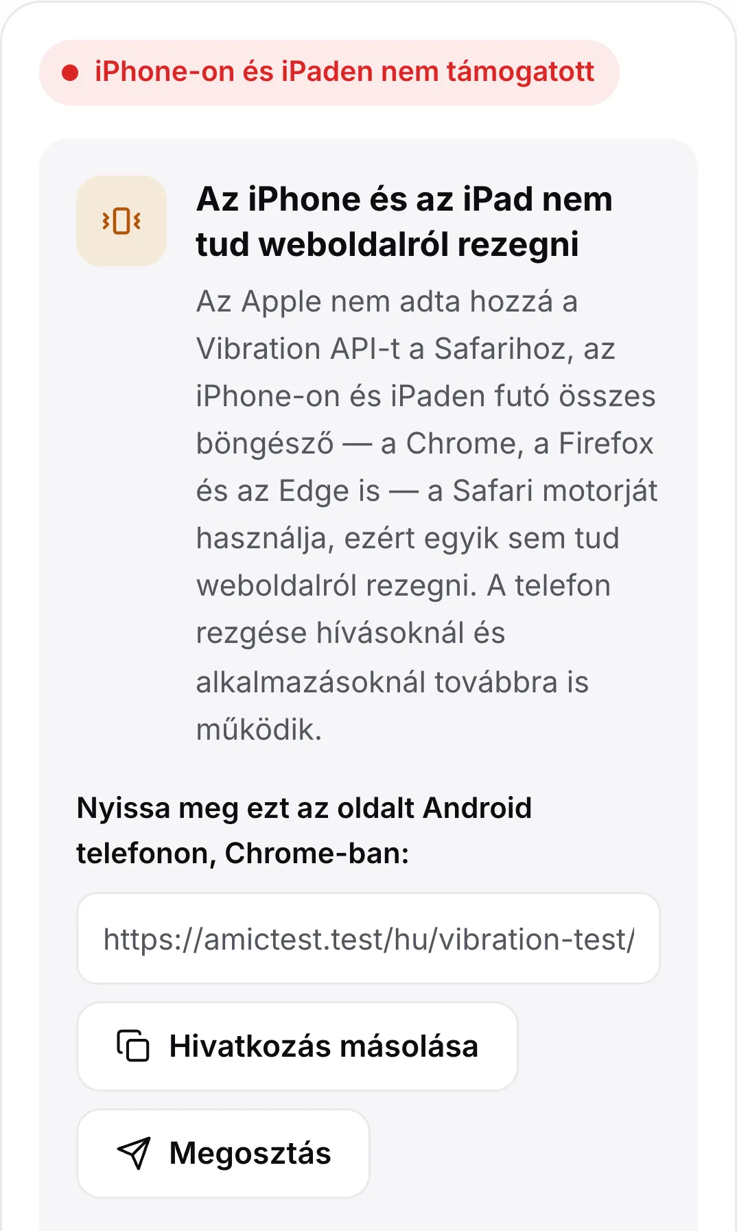 A rezgés teszt iPhone-on: a piros „iPhone-on és iPaden nem támogatott” állapot, egy magyarázat és egy hivatkozás az oldal Android telefonon való megnyitásához