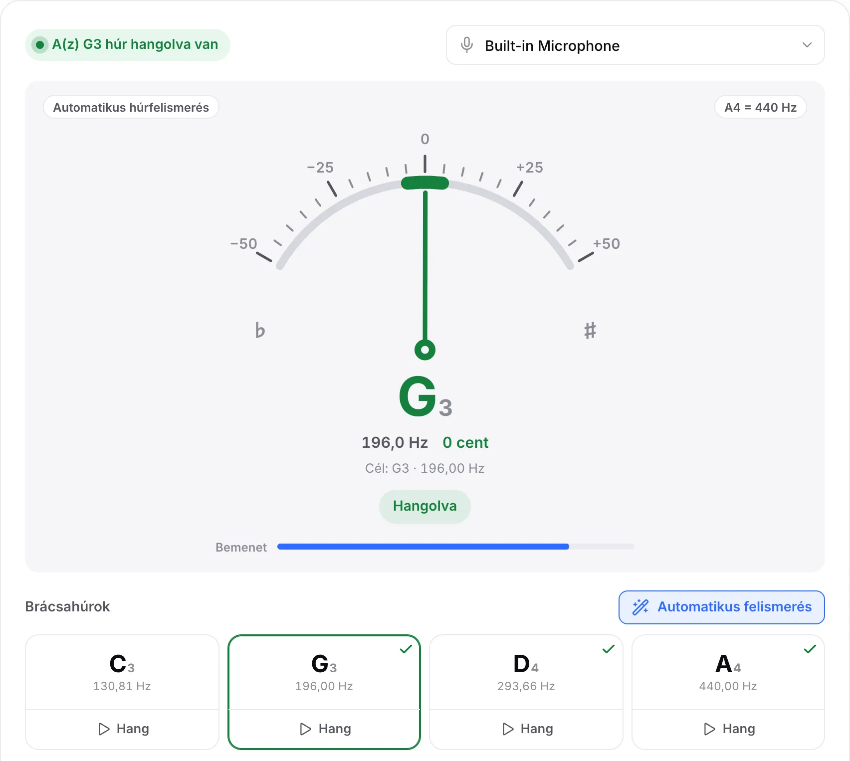 A G húr hangolva: zöld mutató 0 centnél, a „A G3 húr hangolva van” állapot és pipák a G, D és A húron