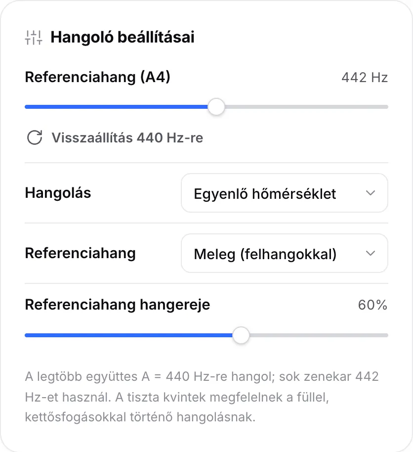 A hangoló beállításai a 442 Hz-re állított referenciahang (A4) csúszkával, a hangolás menüvel és a referenciahang beállításaival