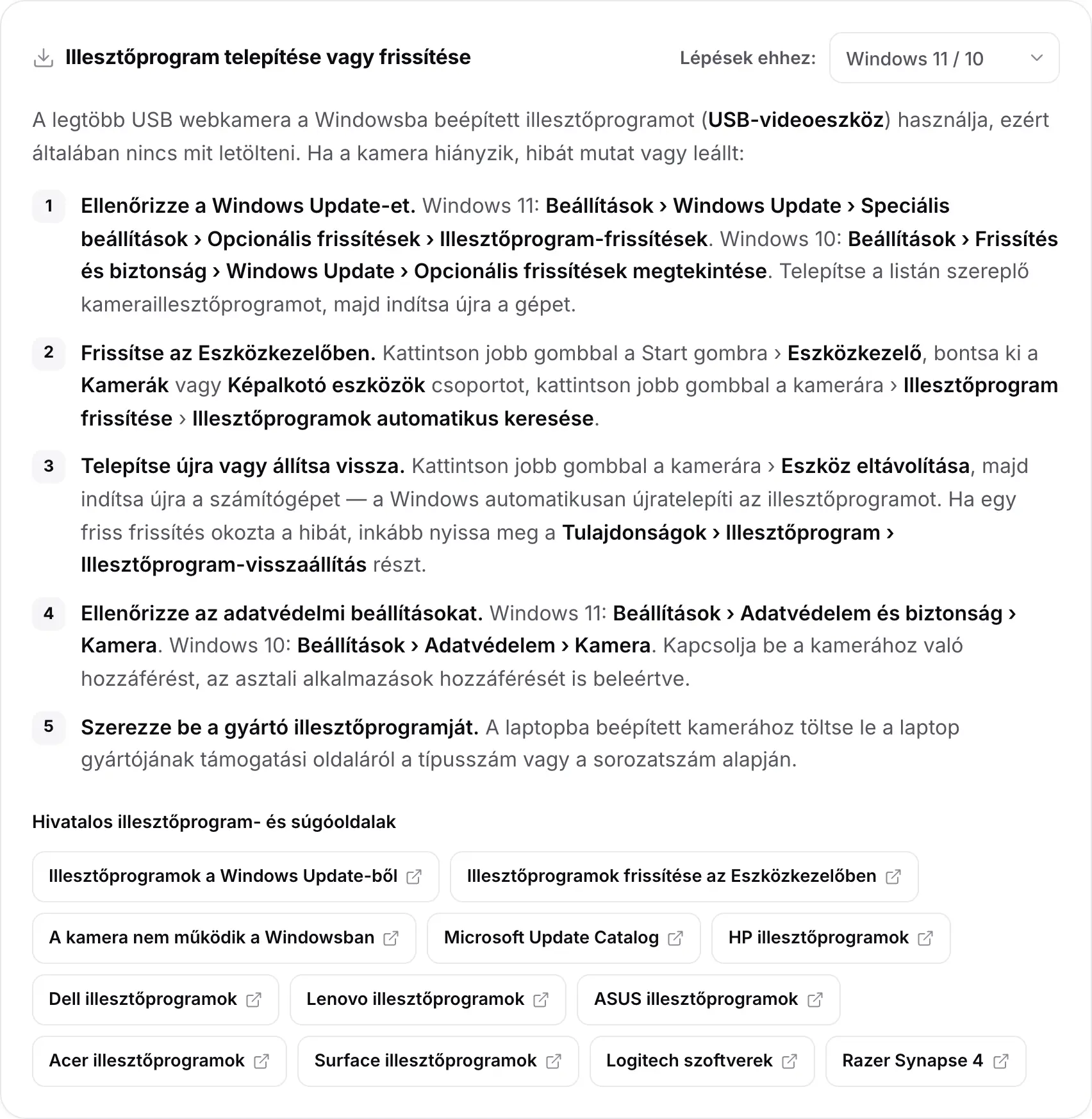 Az Illesztőprogram telepítése vagy frissítése kártya a Windows 11 / 10 lépéseivel és a hivatalos illesztőprogram- és súgóoldalakra mutató linkekkel