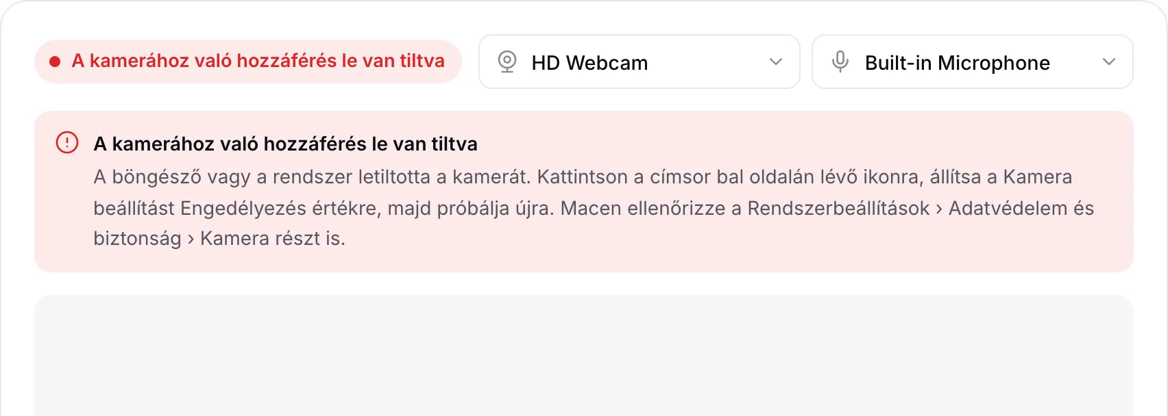 A webkamera felvevő a piros „A kamerához való hozzáférés le van tiltva” üzenettel és útmutatással