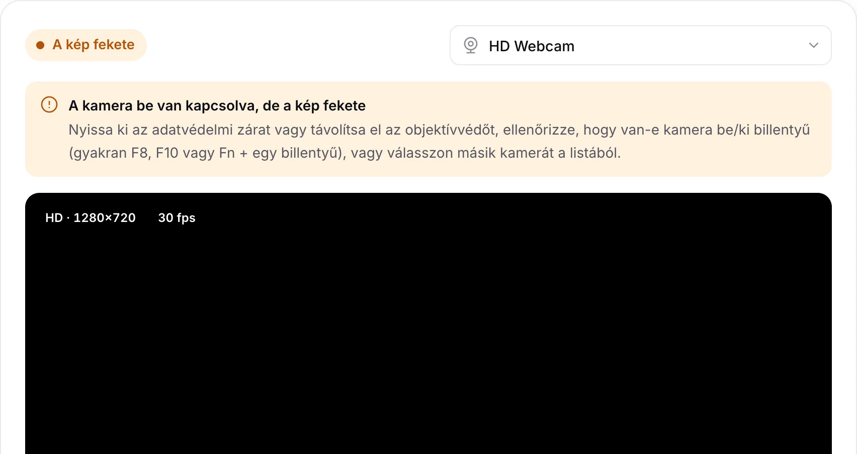 A webkamera teszt a „A kamera be van kapcsolva, de a kép fekete” figyelmeztetéssel egy fekete kép fölött