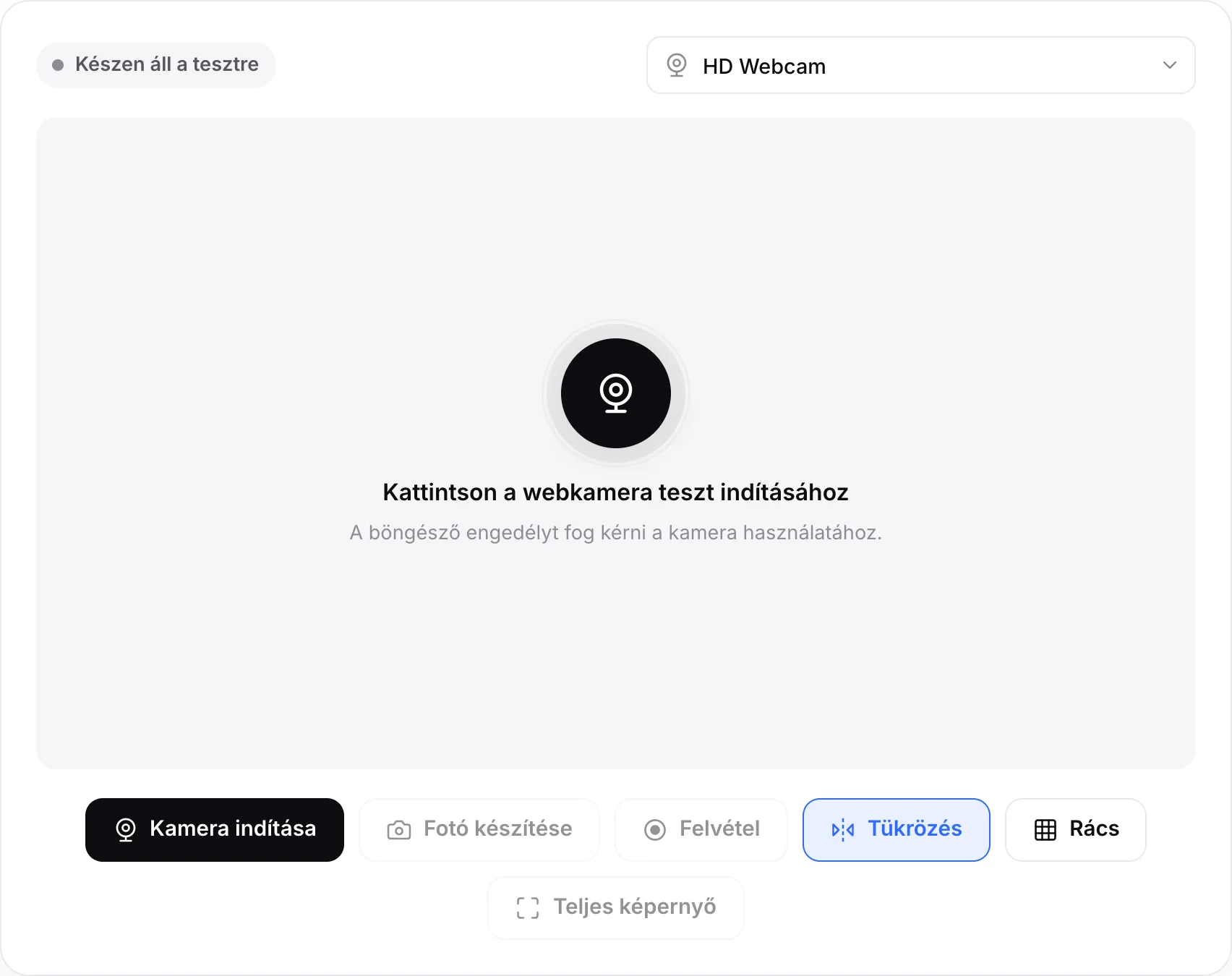 A webkamera teszt indítás előtt, a Kamera indítása gombbal és a kameramenüvel