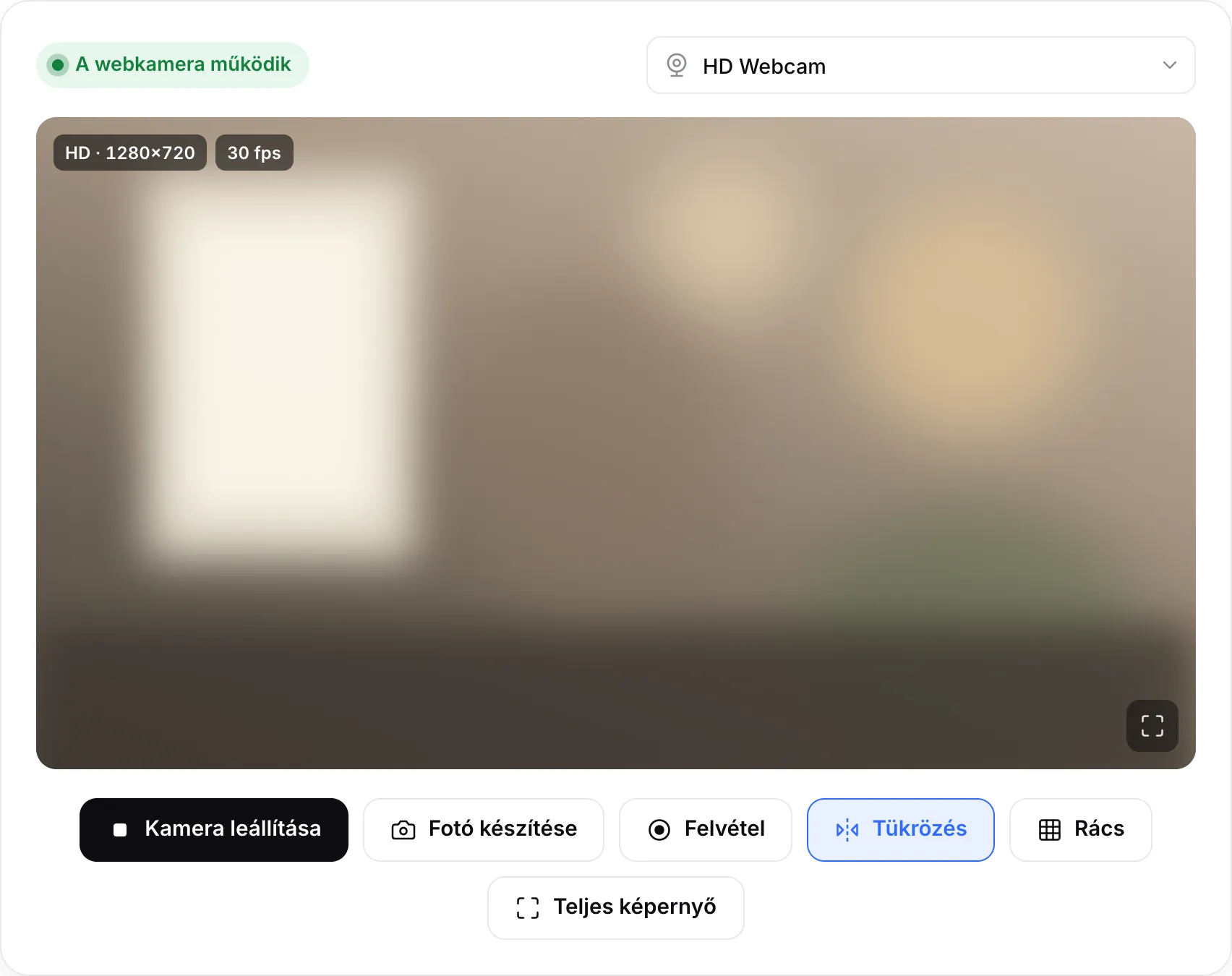 Működő webkamera: élő kép a HD · 1280×720 és 30 fps jelvényekkel és a zöld „A webkamera működik” állapottal